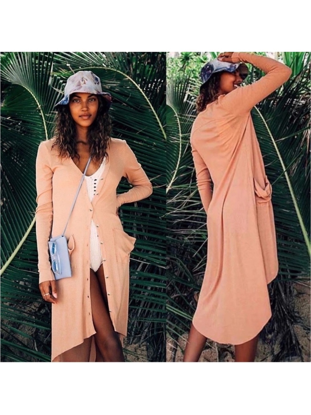 Free People Beach Ribbed Up Maxi Cardigan in Peach, Size XS